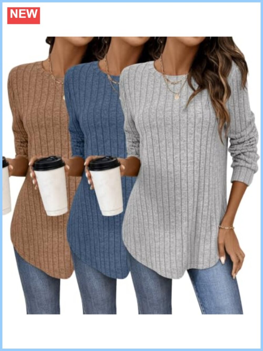 Womens Curved Hem Long Sleeve Tunic Tops Ribbed Knit 3 Pack Fall Layering Shirts